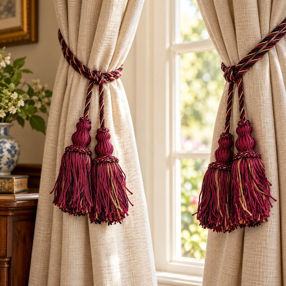 Curtain Tiebacks Set of 2 Burgundy Gold Twisted Rope Tassels Victorian Regency